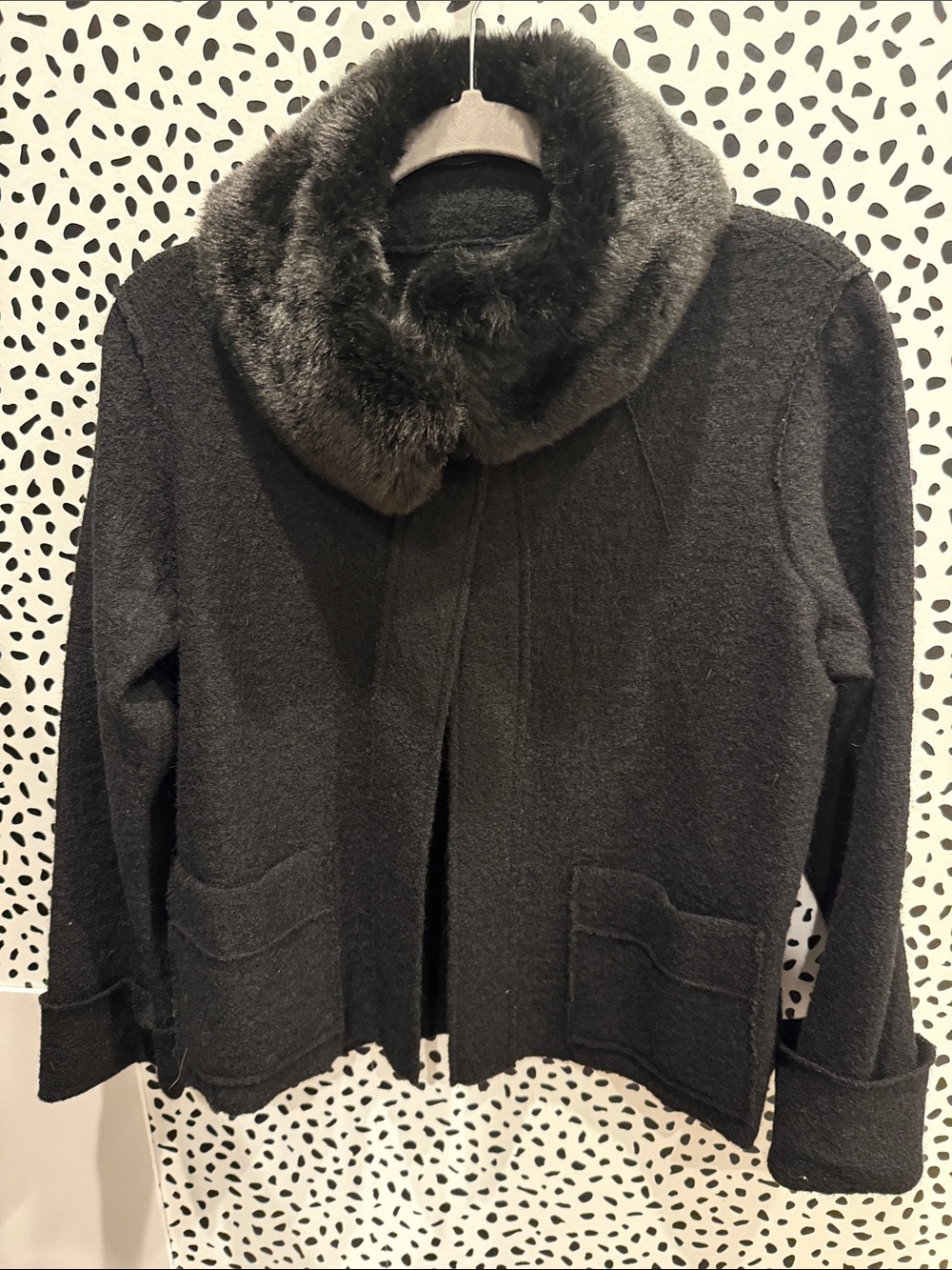 Women's Black Removable Faux-Fur Collar Coat Evan Picone Wool Small